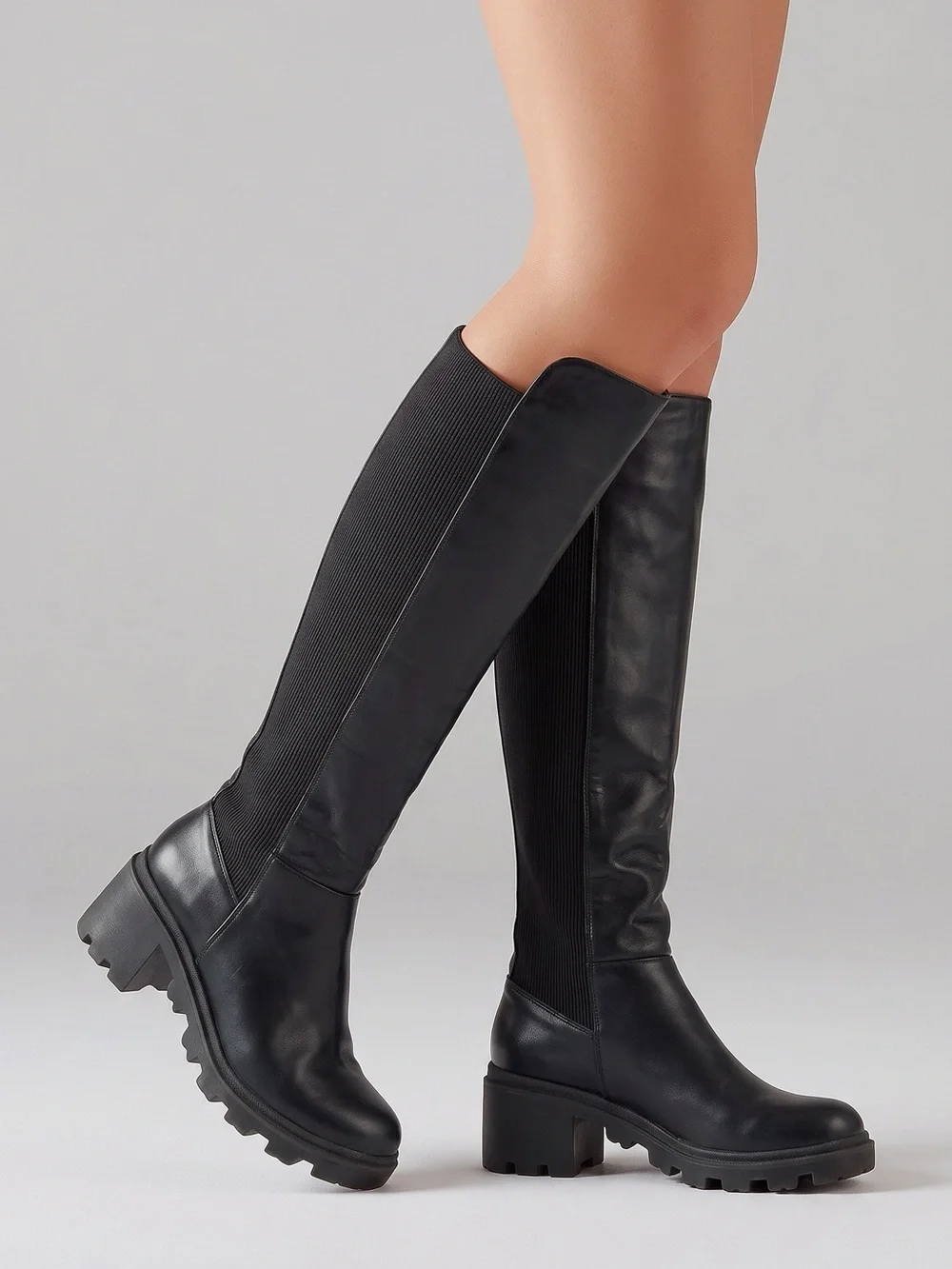 Black Knee-High Chunky Heel Boots - Women